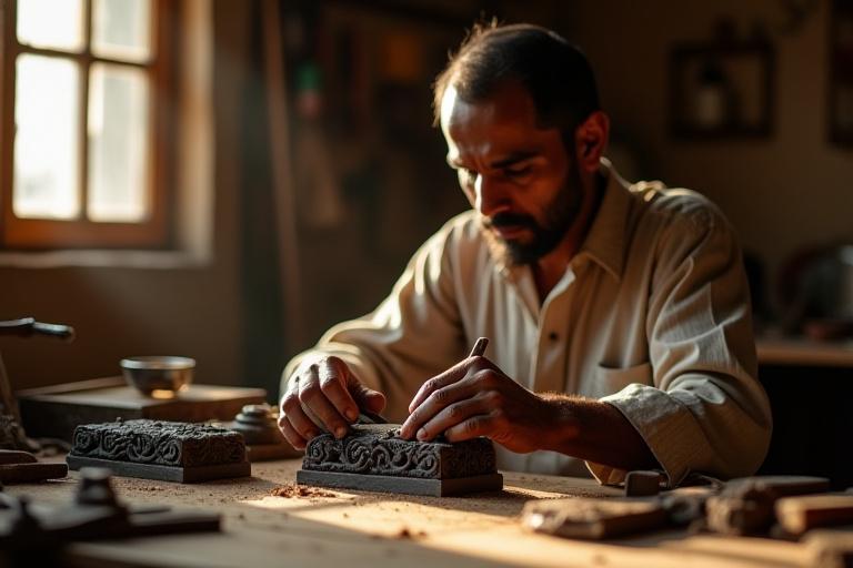 Artisan meticulously carving a piece of wood in a sunlit workshop